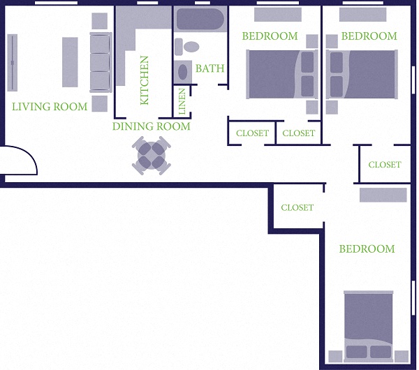 Floor plan for 3 beds, 1 bath, 820 sqft